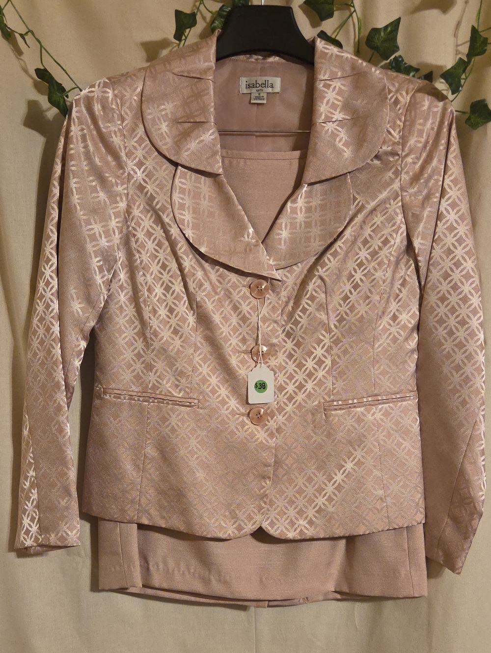 Isabella Blush Pink Satin Jacquard Notched Blazer Skirt Set